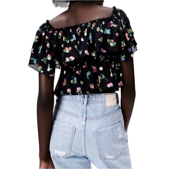 Zara Off Shoulder Fruit & Floral Print Ruffle Chiffon Top | Black/Multi | Medium - Picture 3 of 6